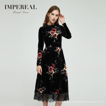 High end velvet printed floral long sleeve evening dress